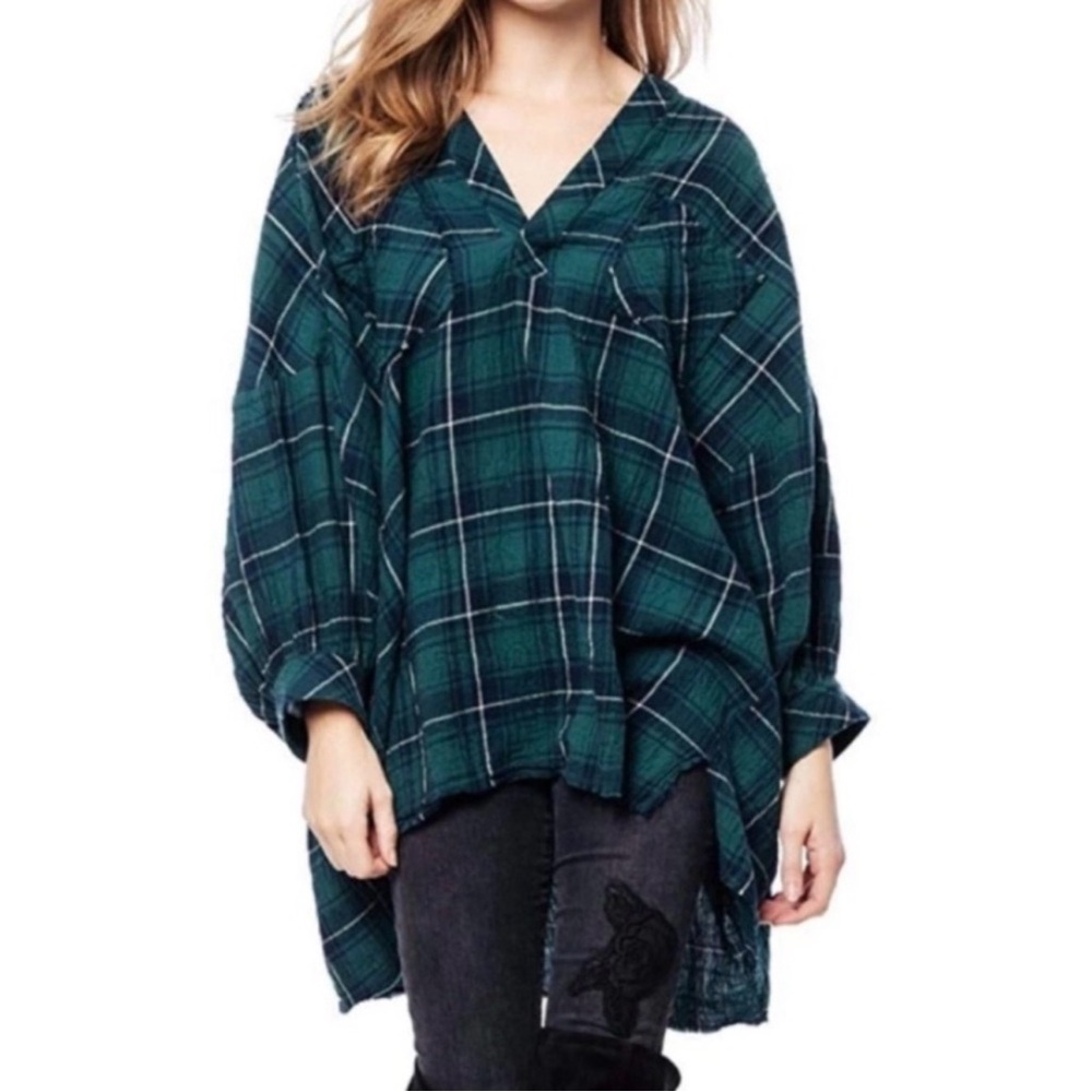 Free People Intimately Not Your Boyfriend’s Plaid Oversized Top~Green/Blue ~ XS - Picture 5 of 16